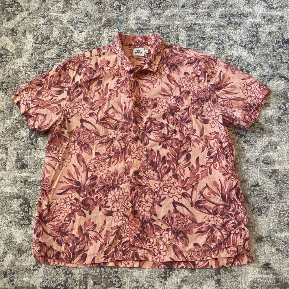 Flint And Tinder Camp Shirt Mens Sz Large Hawaiian Floral Button Linen Cotton